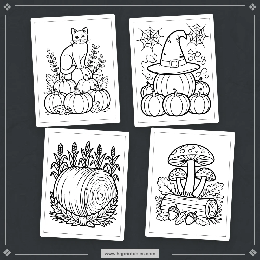 Digital download of printable fall coloring book for adults featuring autumn pumpkin harvest leaves