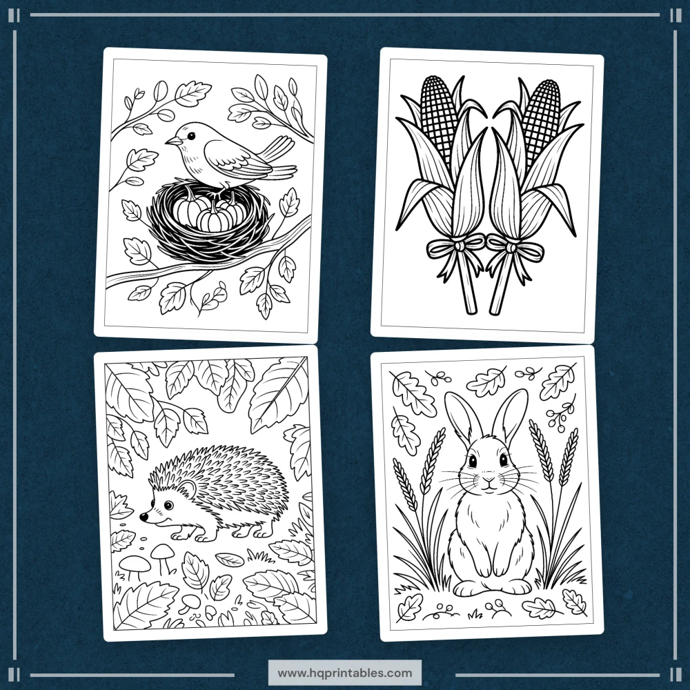 Digital download of printable fall coloring book for adults featuring autumn pumpkin harvest leaves