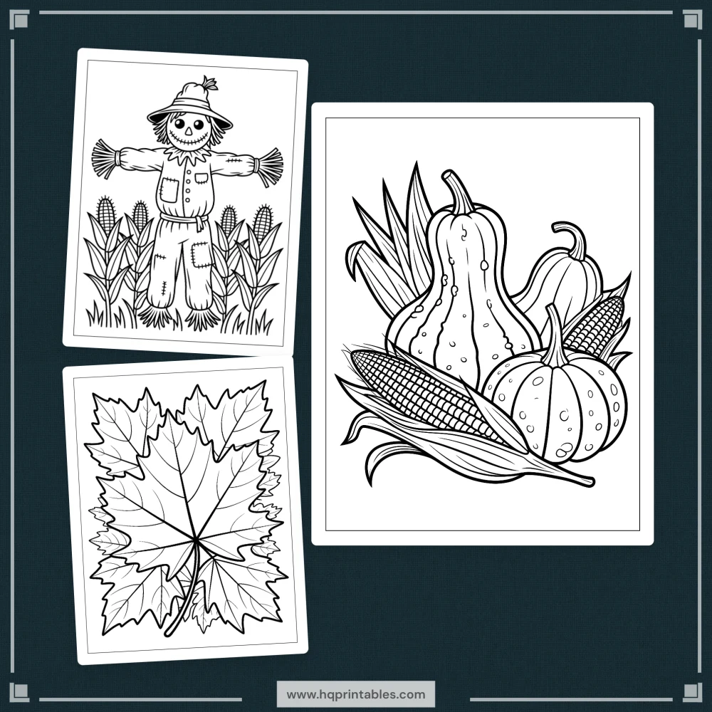 Digital download of printable fall coloring book for adults featuring autumn pumpkin harvest leaves