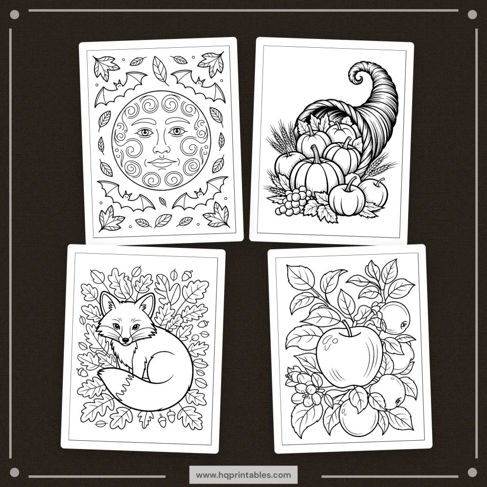 Digital download of printable fall coloring book for adults featuring autumn pumpkin harvest leaves