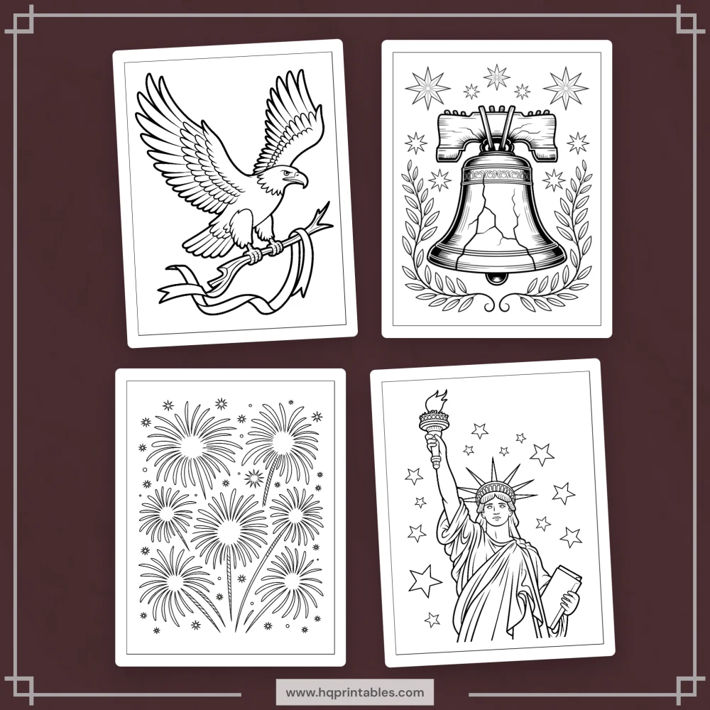 Downloadable Fourth of July coloring book for adults featuring patriotic American flag printable pages