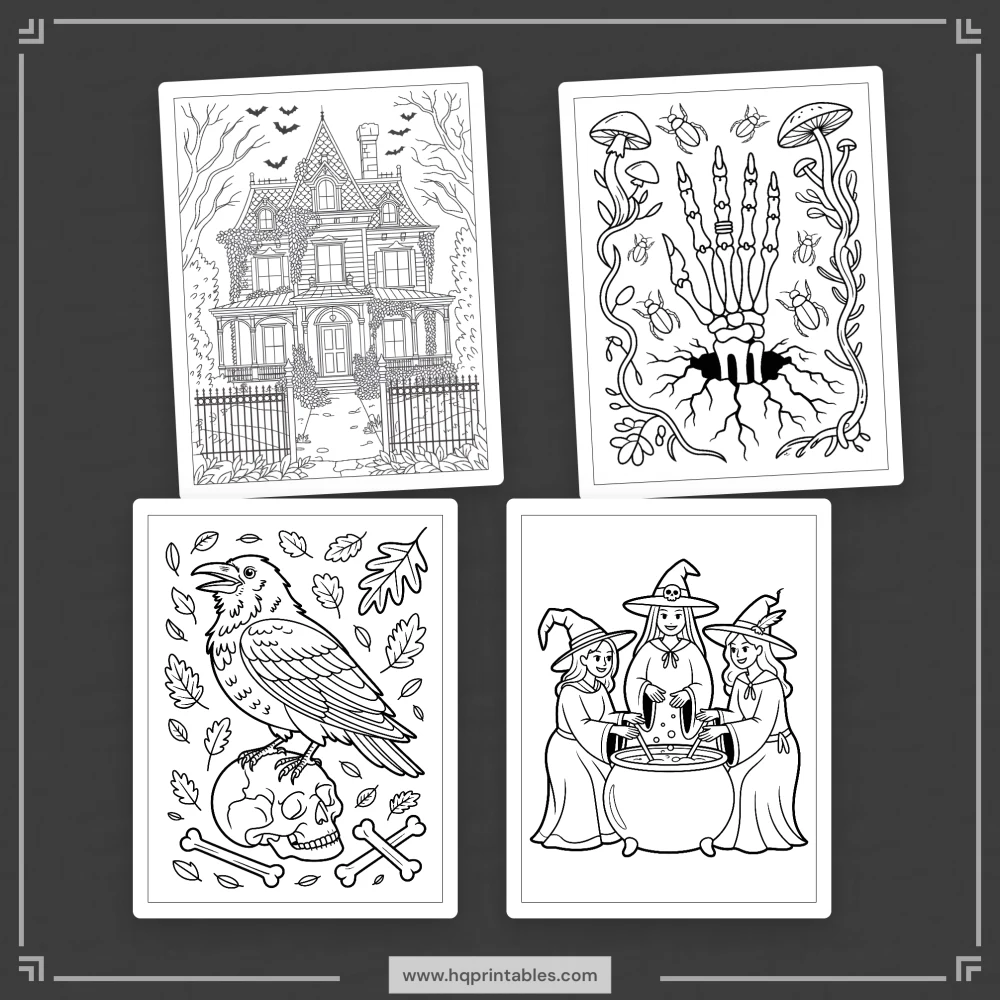Digital download of printable Halloween coloring book for adults featuring spooky pumpkin witch and gothic pages