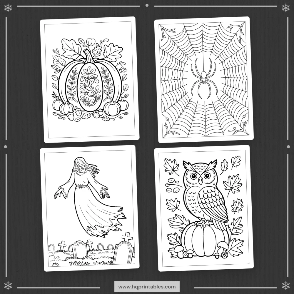 Digital download of printable Halloween coloring book for adults featuring spooky pumpkin witch and gothic pages