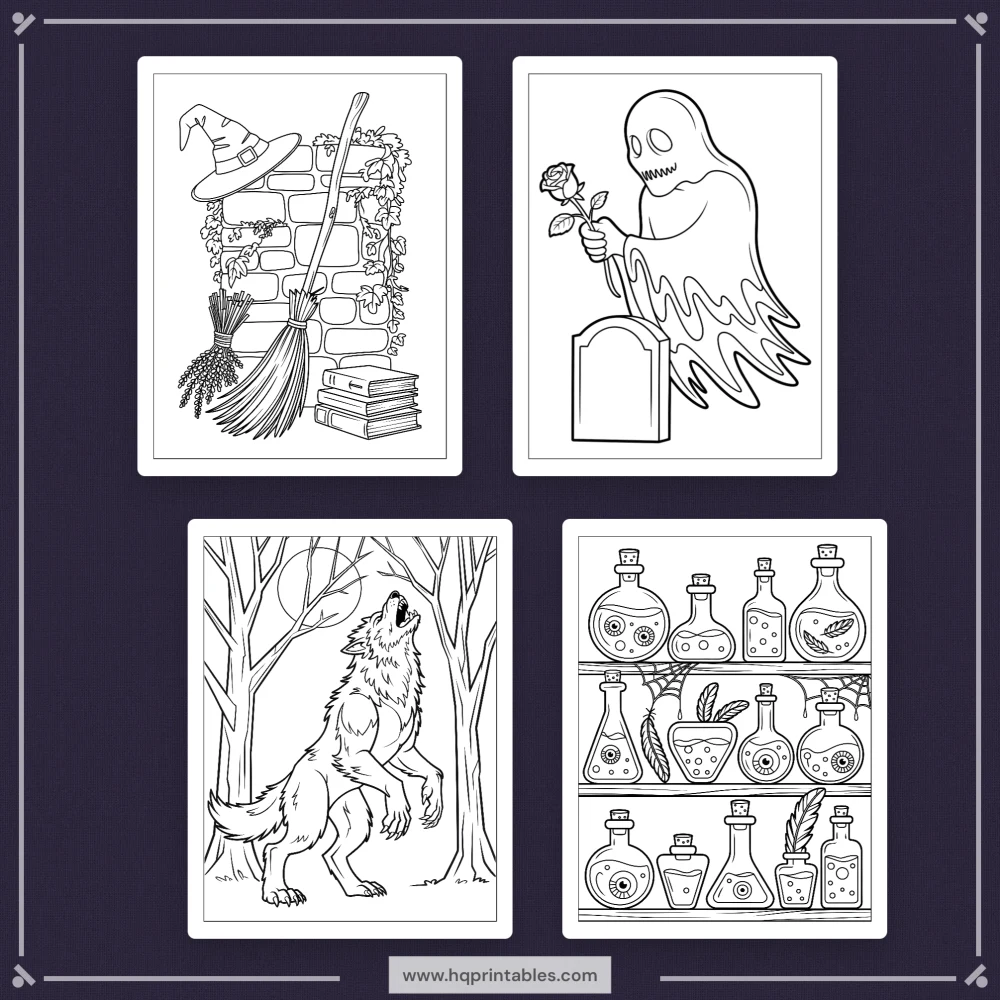 Digital download of printable Halloween coloring book for adults featuring spooky pumpkin witch and gothic pages