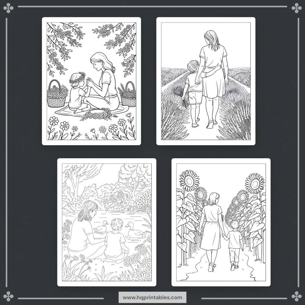 Digital download of Mothers Day coloring book featuring floral mom gift and adult printable pages