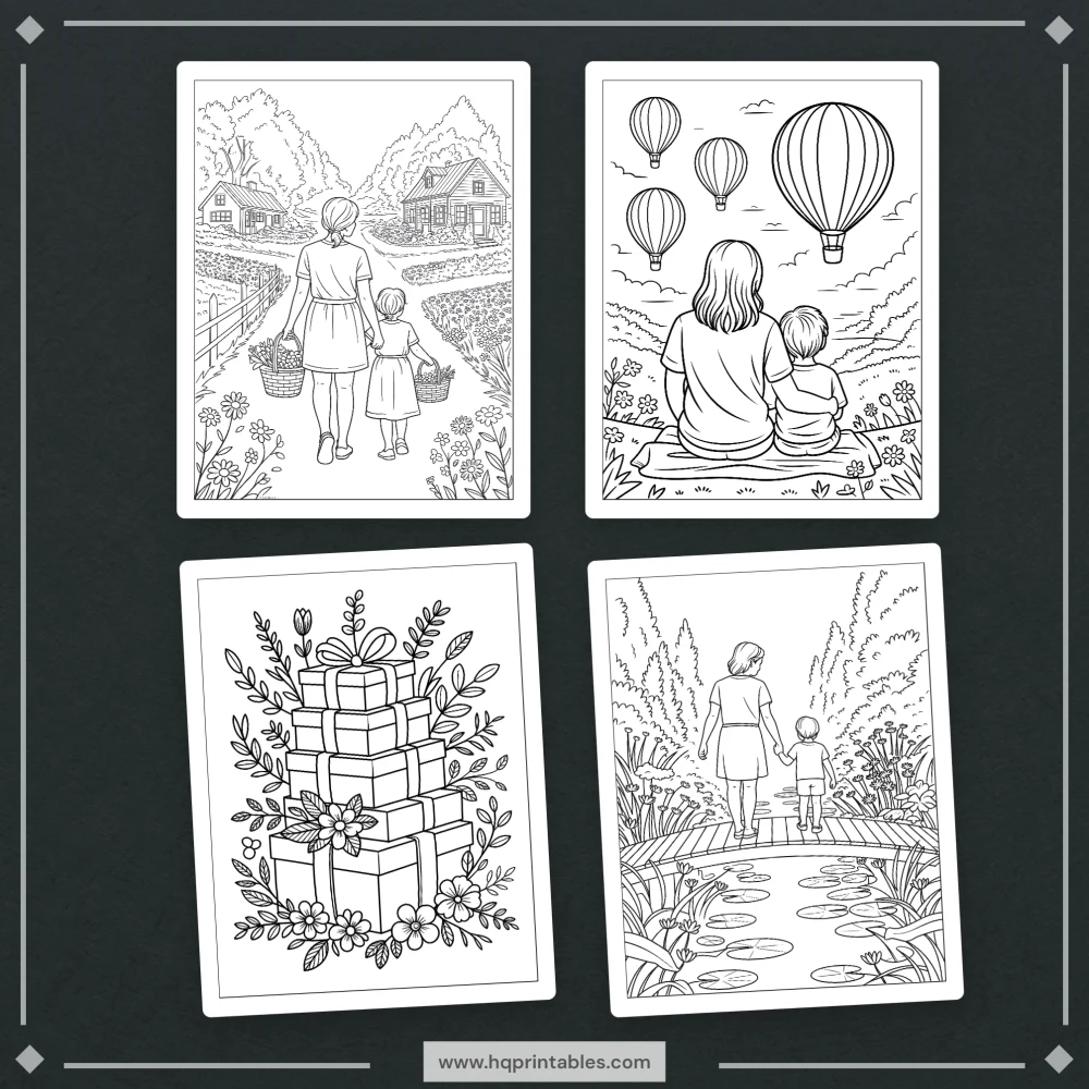 Digital download of Mothers Day coloring book featuring floral mom gift and adult printable pages