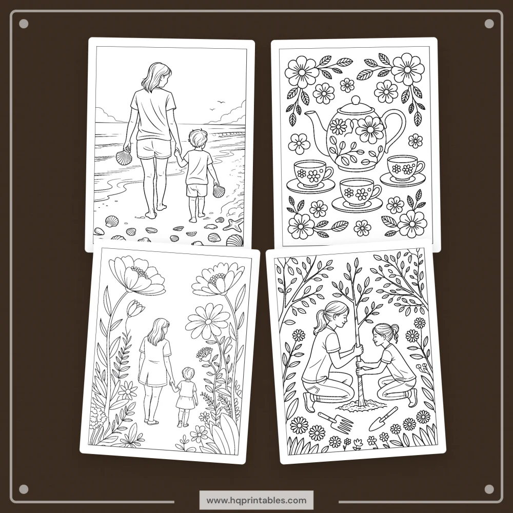 Digital download of Mothers Day coloring book featuring floral mom gift and adult printable pages