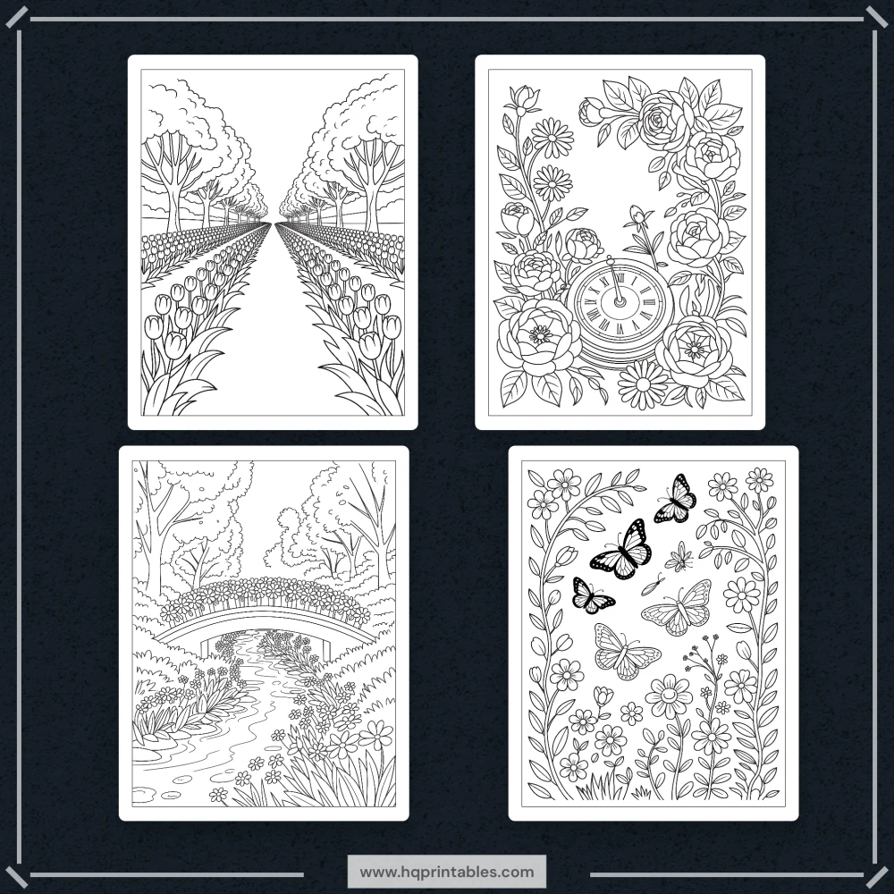 Downloadable spring coloring book for adults featuring floral garden and pastel Easter printable pages