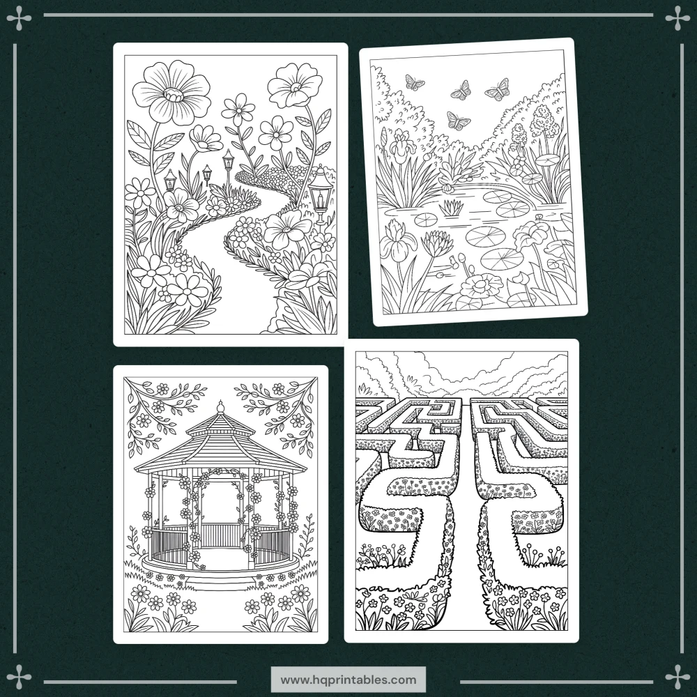 Downloadable spring coloring book for adults featuring floral garden and pastel Easter printable pages