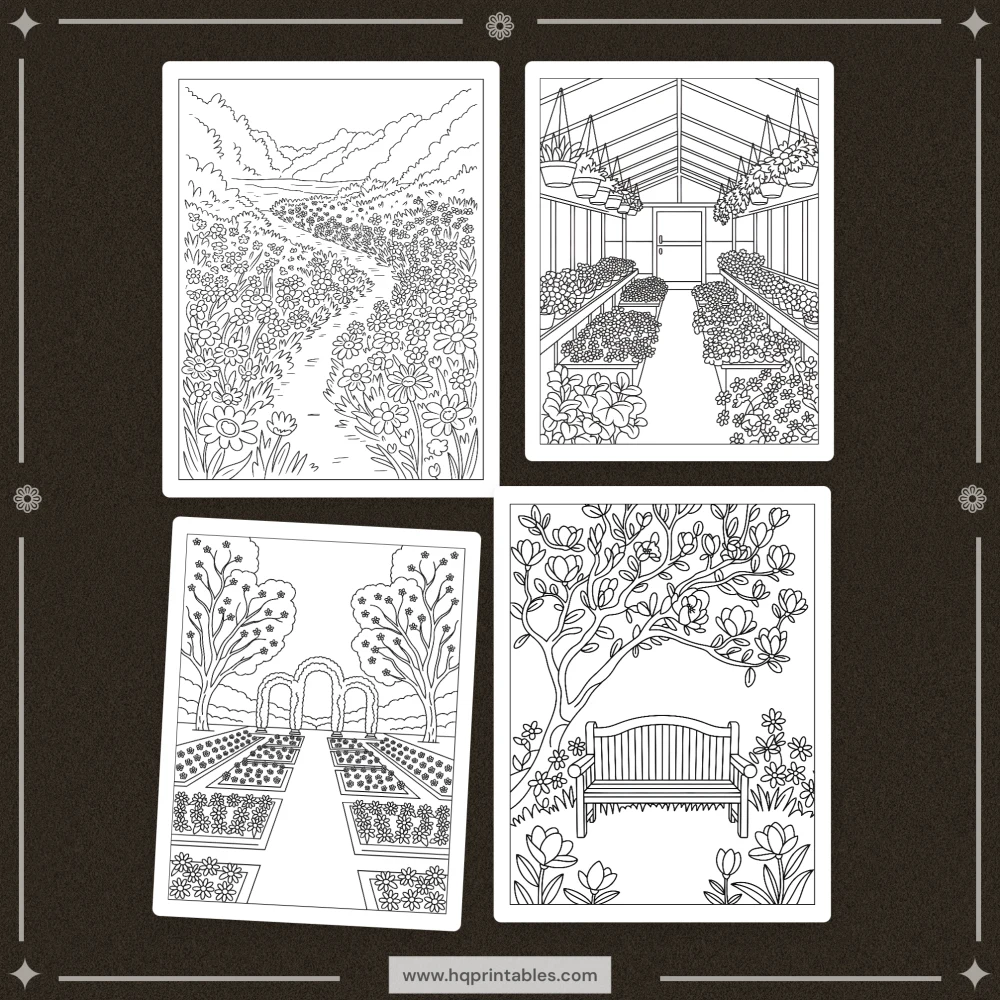 Downloadable spring coloring book for adults featuring floral garden and pastel Easter printable pages