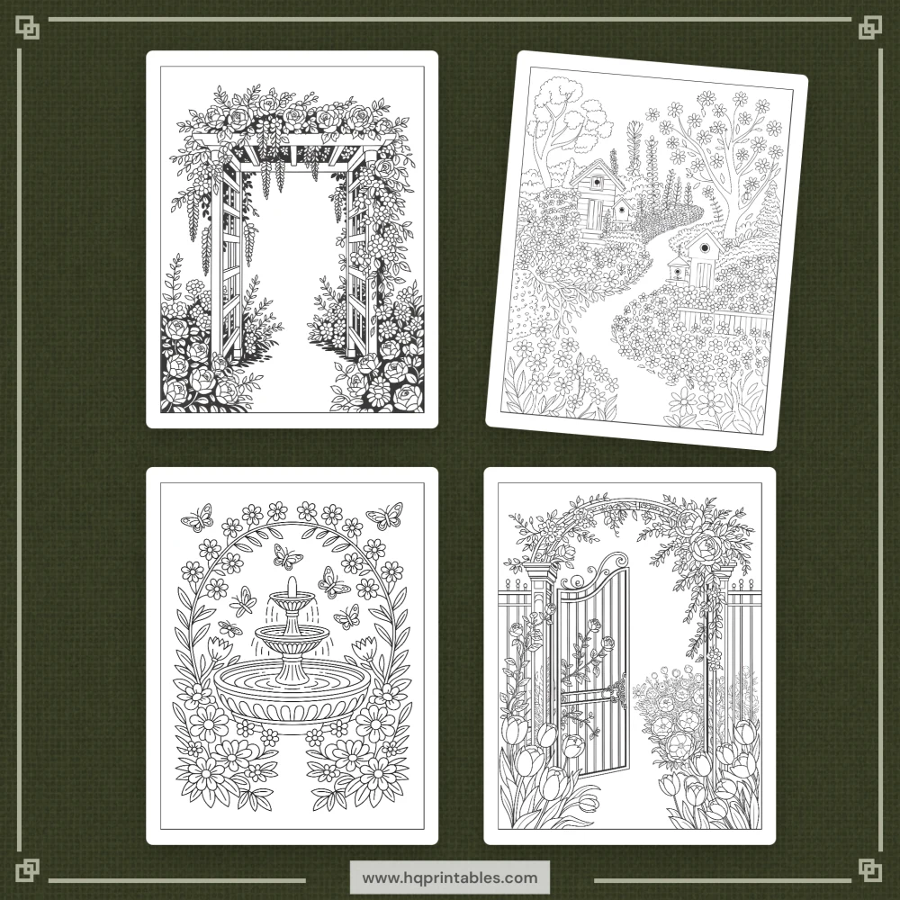 Downloadable spring coloring book for adults featuring floral garden and pastel Easter printable pages
