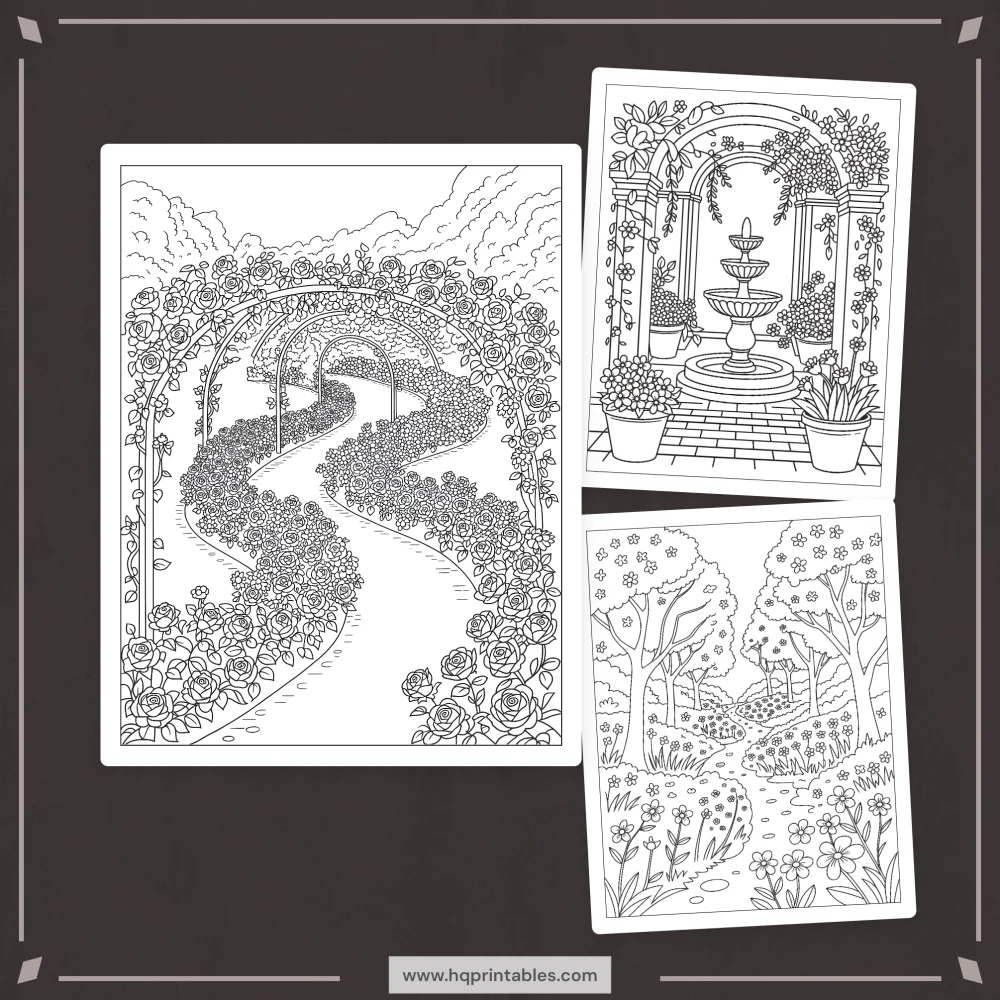 Downloadable spring coloring book for adults featuring floral garden and pastel Easter printable pages