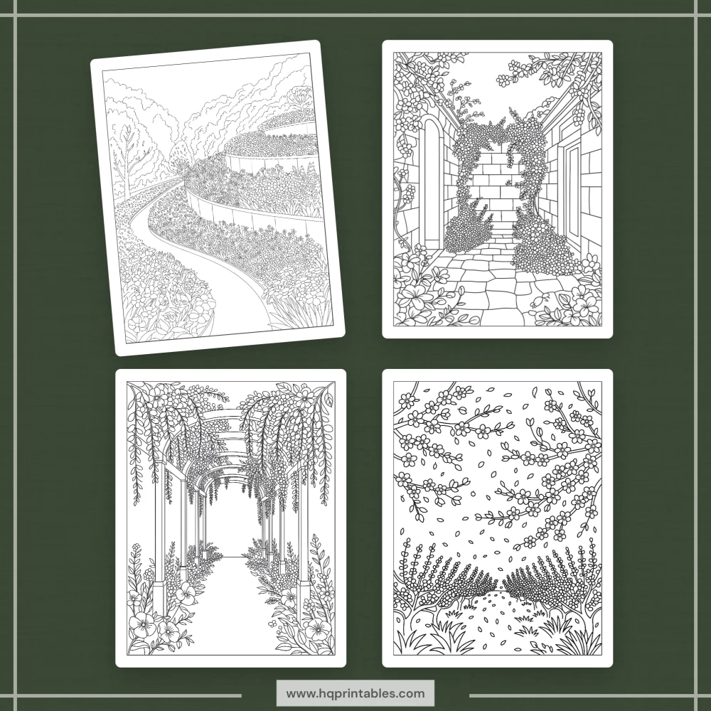 Downloadable spring coloring book for adults featuring floral garden and pastel Easter printable pages