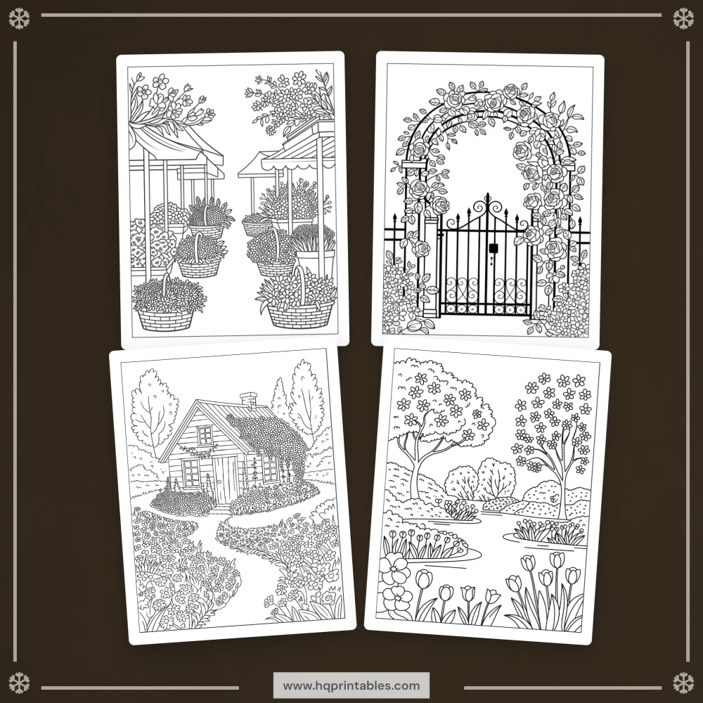 Downloadable spring coloring book for adults featuring floral garden and pastel Easter printable pages