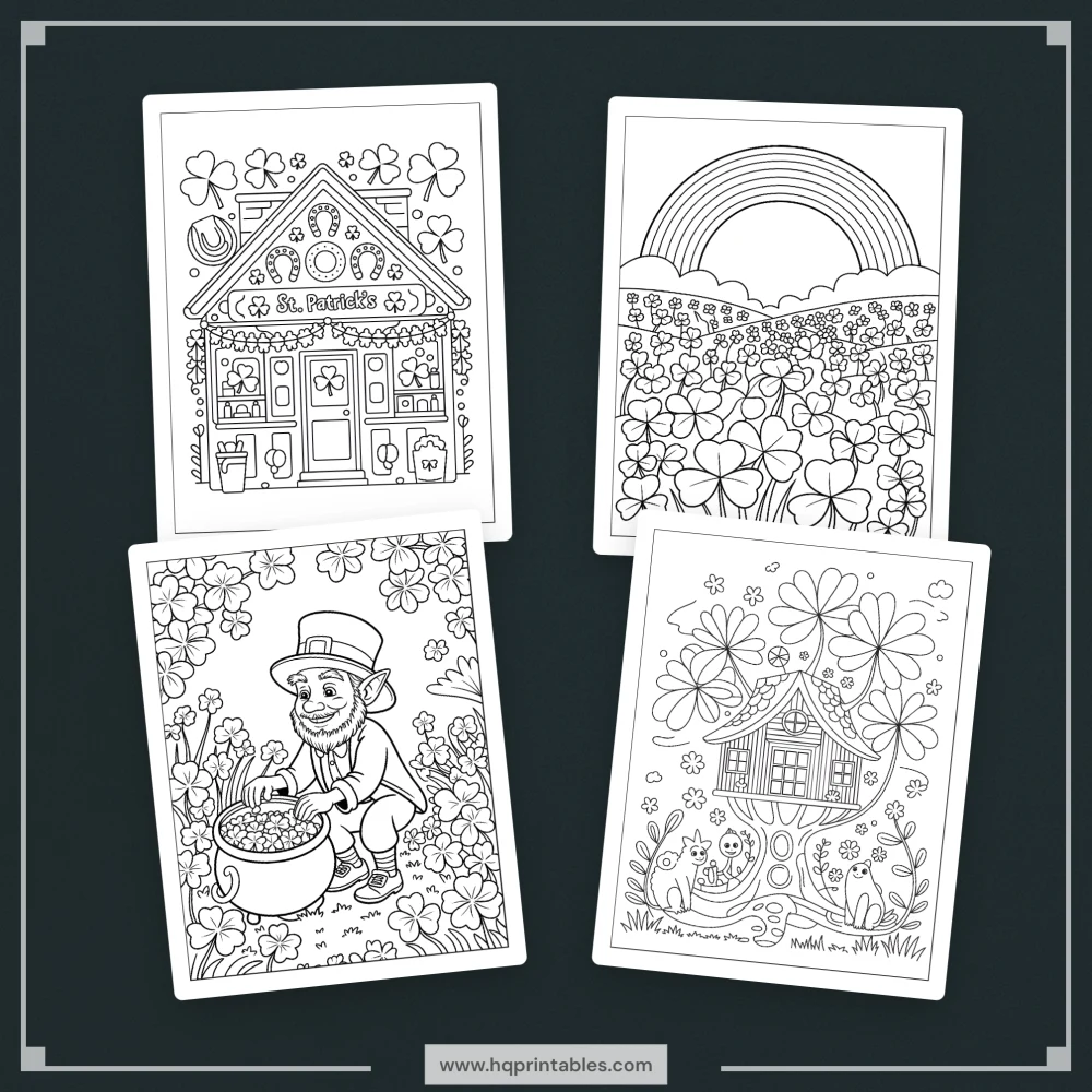 Downloadable St Patricks Day coloring book for adults featuring Irish shamrock and lucky printable pages