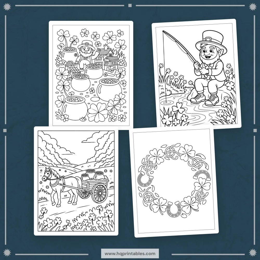 Downloadable St Patricks Day coloring book for adults featuring Irish shamrock and lucky printable pages