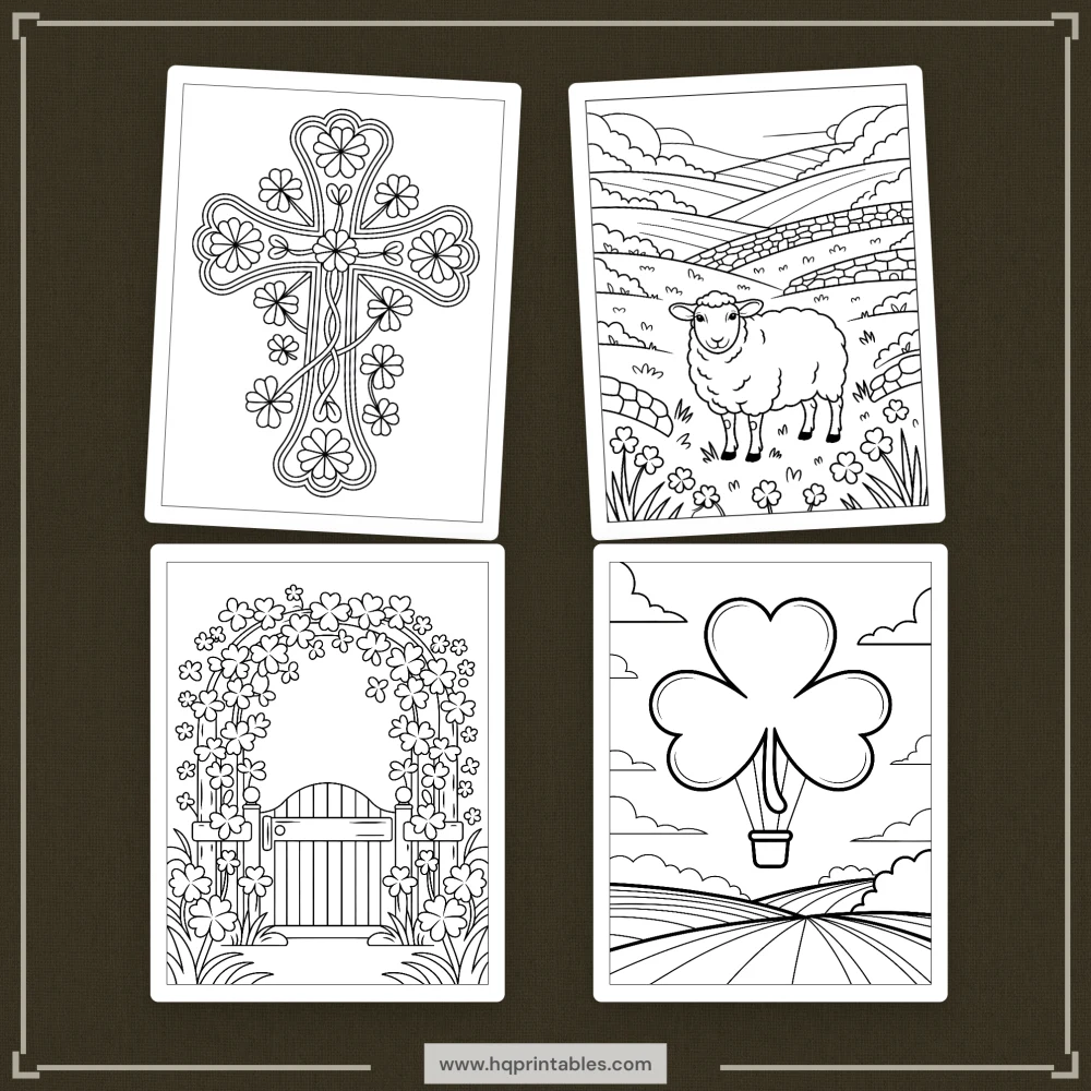 Downloadable St Patricks Day coloring book for adults featuring Irish shamrock and lucky printable pages