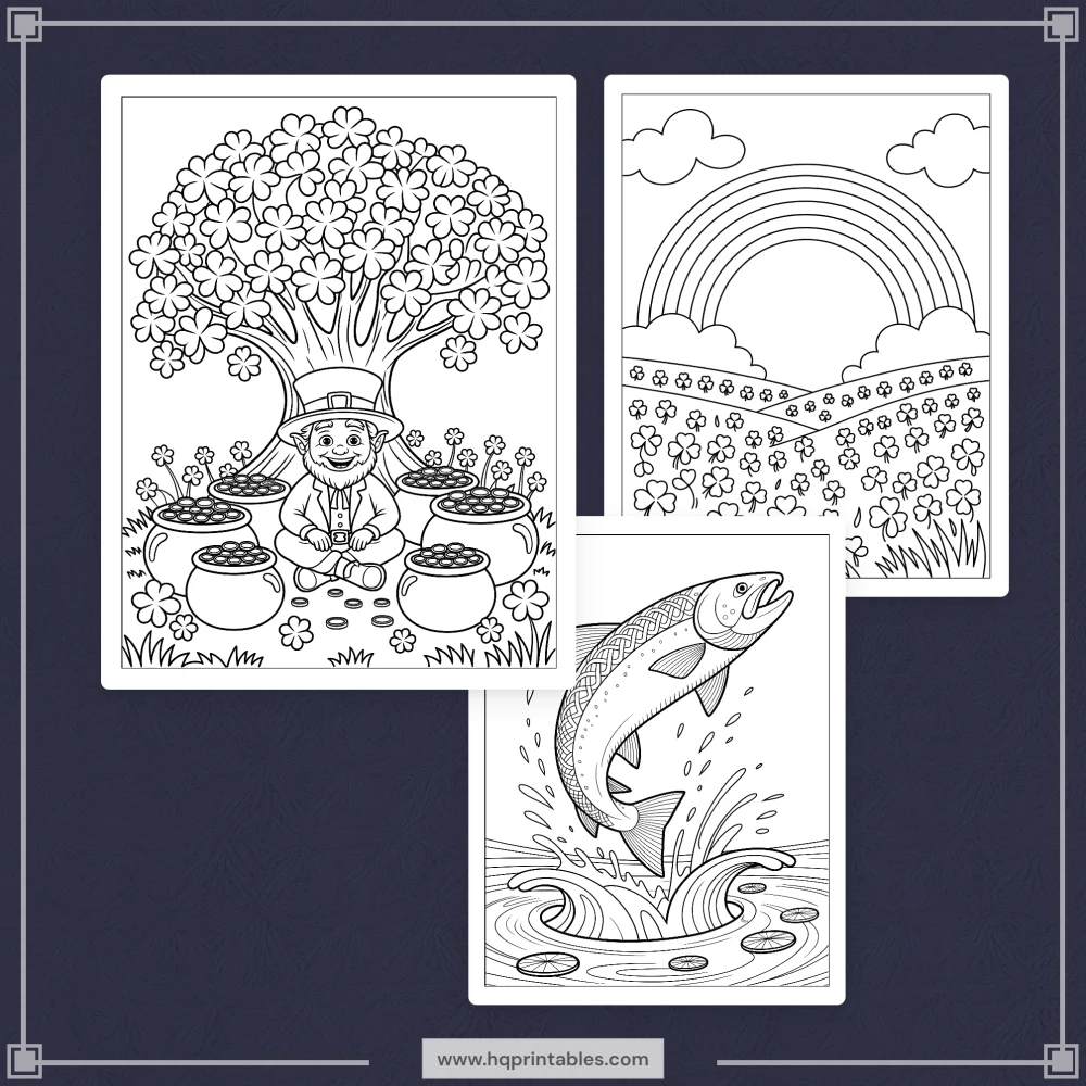 Downloadable St Patricks Day coloring book for adults featuring Irish shamrock and lucky printable pages