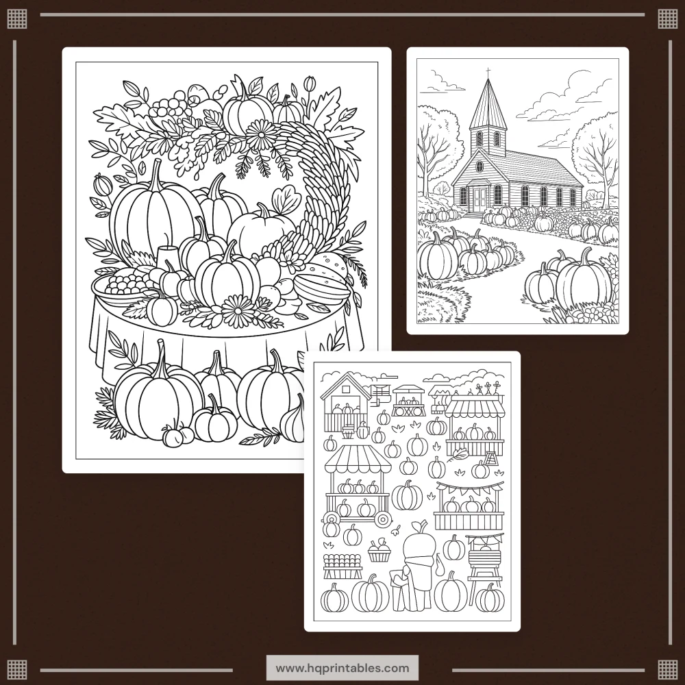 Printable Thanksgiving coloring book for adults featuring harvest gratitude and autumn pumpkin pages
