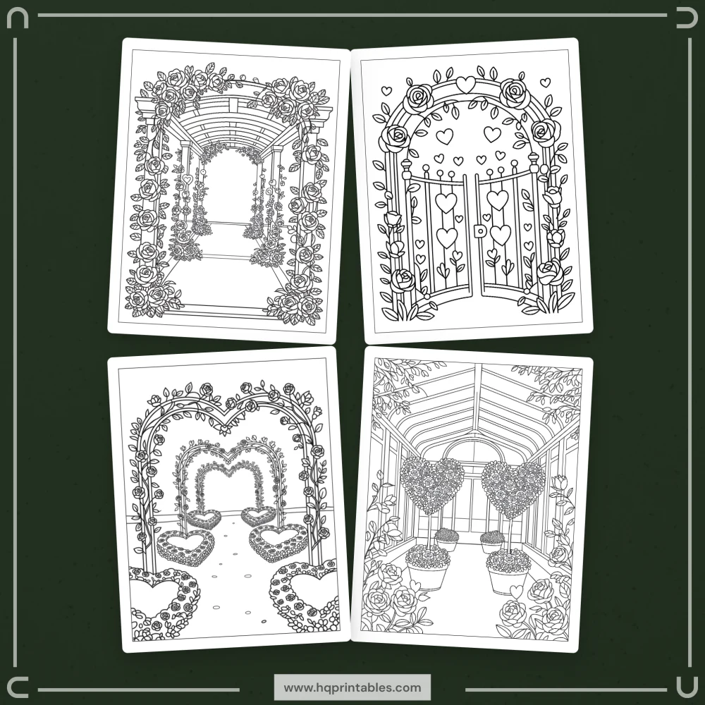Digital printable Valentines Day coloring book for adults featuring romantic heart and floral pages