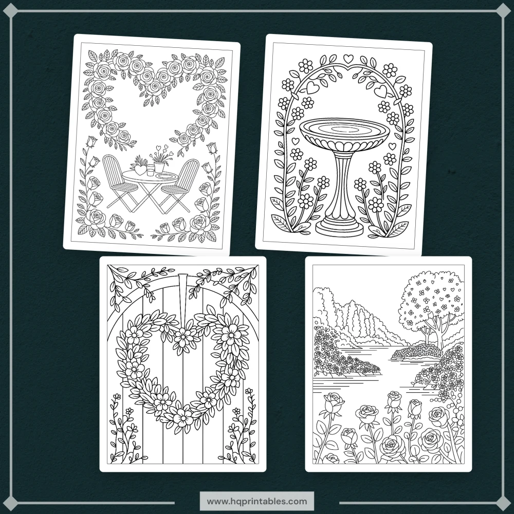 Digital printable Valentines Day coloring book for adults featuring romantic heart and floral pages