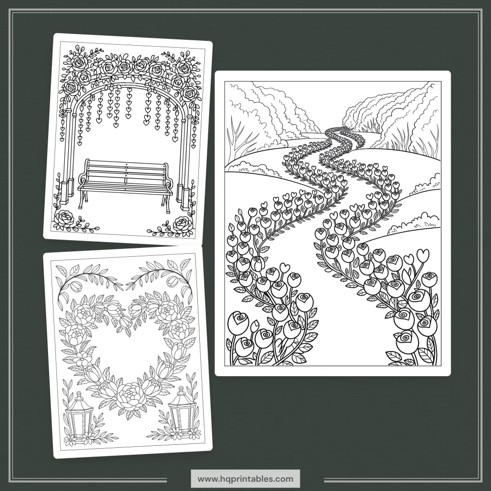 Digital printable Valentines Day coloring book for adults featuring romantic heart and floral pages
