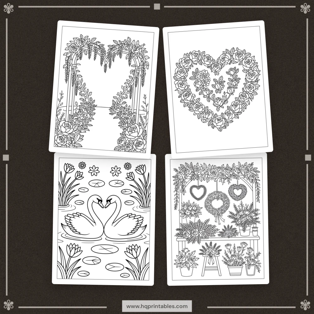 Digital printable Valentines Day coloring book for adults featuring romantic heart and floral pages