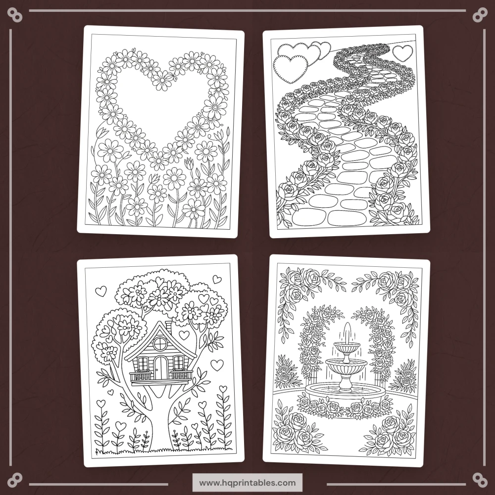 Digital printable Valentines Day coloring book for adults featuring romantic heart and floral pages