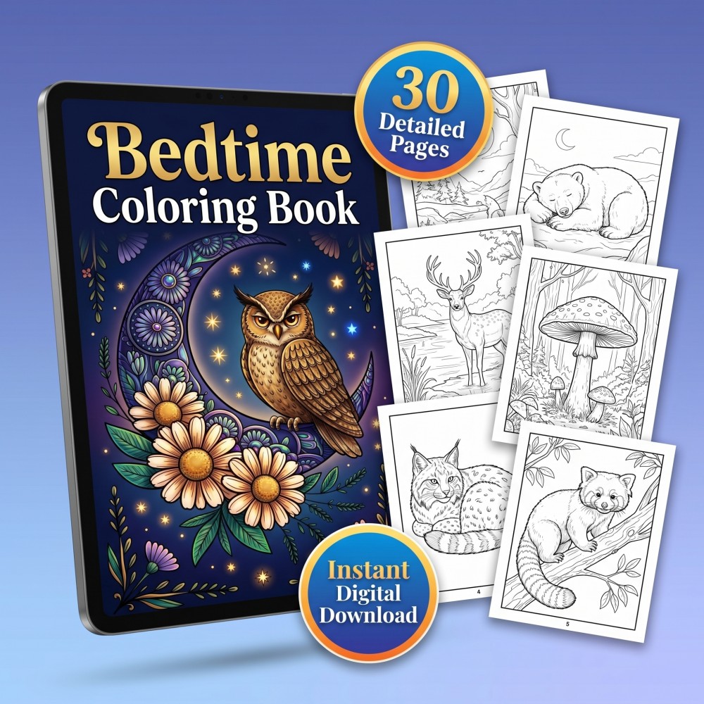 Downloadable bedtime coloring book for adults featuring calming pages for sleep anxiety and mental wellness