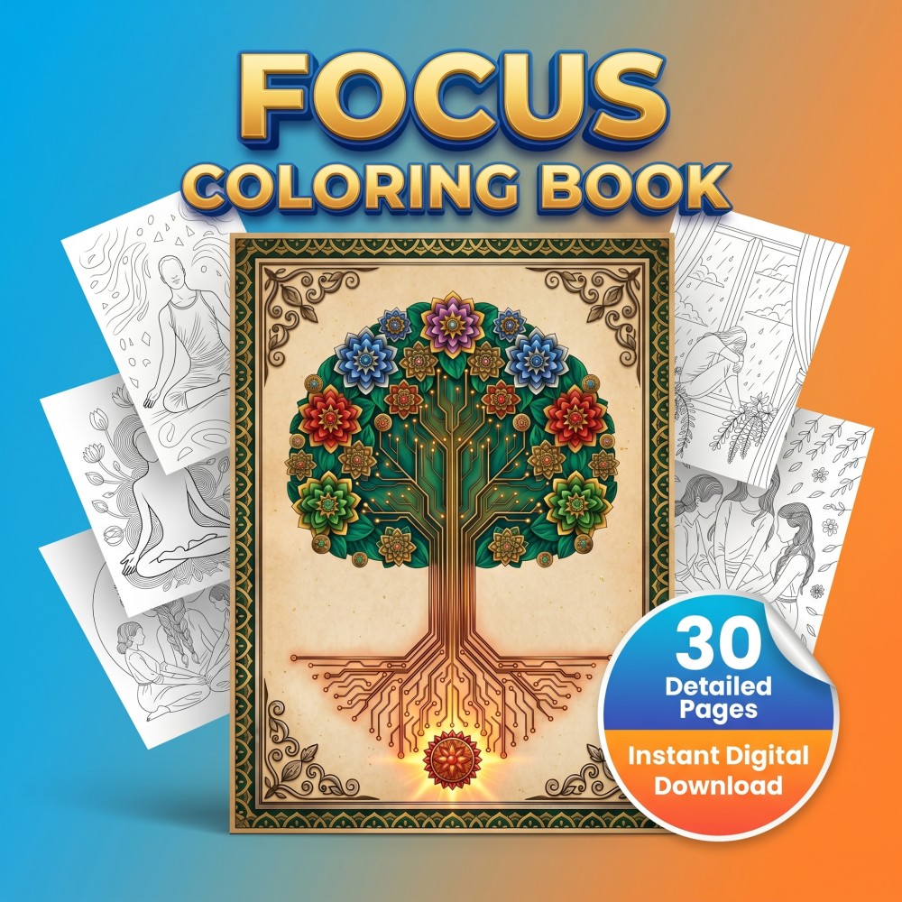 Printable focus coloring book for adults with ADHD featuring concentration and mental wellness brain training pages