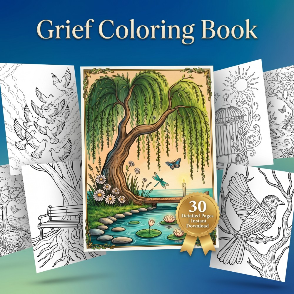 Printable grief coloring book for adults featuring healing loss bereavement and mental wellness pages