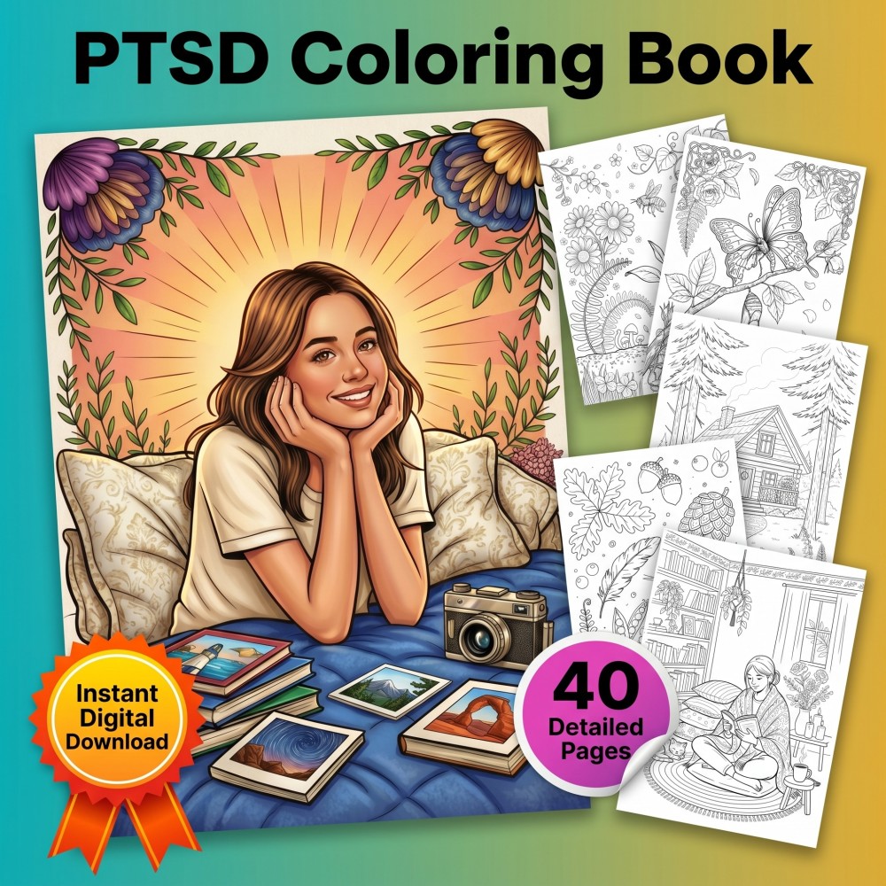 Printable PTSD coloring book for adults featuring trauma recovery and mindful mental health pages