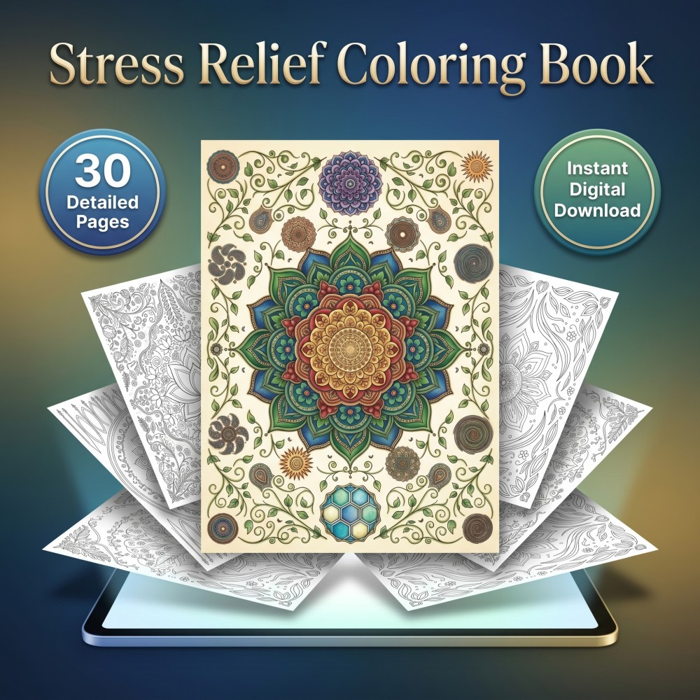 Printable stress relief coloring book for adults featuring calming mandala patterns and mental wellness pages