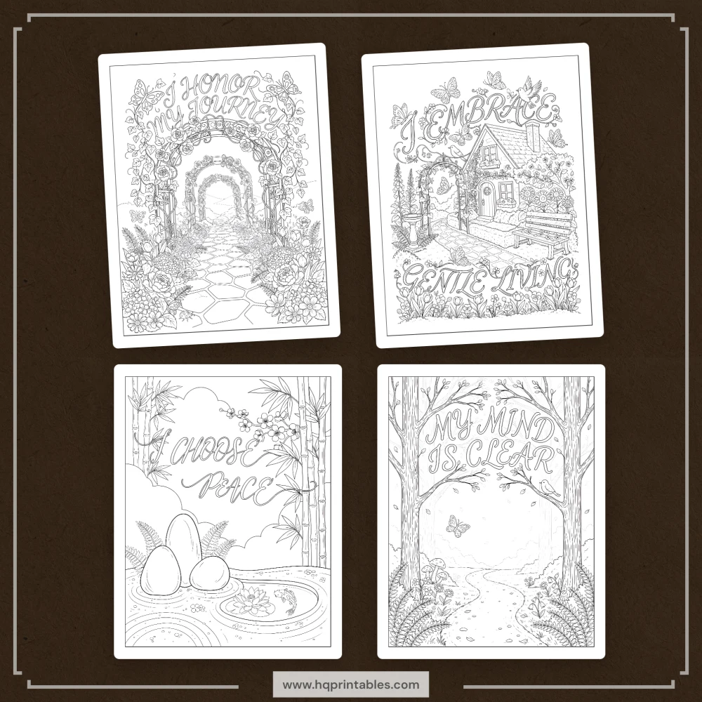 Printable adult affirmation coloring book featuring daily positive mental wellness and self care pages