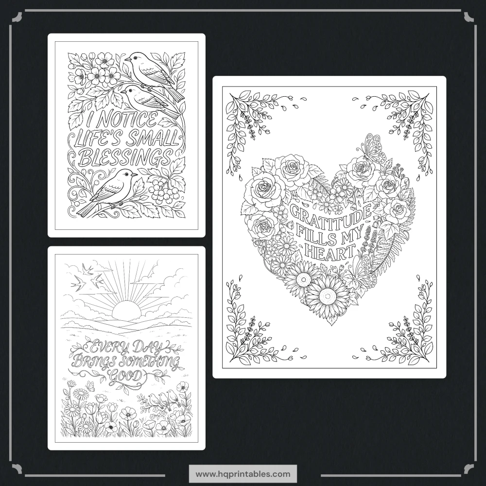 Printable adult affirmation coloring book featuring daily positive mental wellness and self care pages