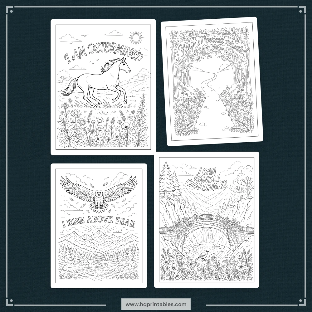 Printable adult affirmation coloring book featuring daily positive mental wellness and self care pages