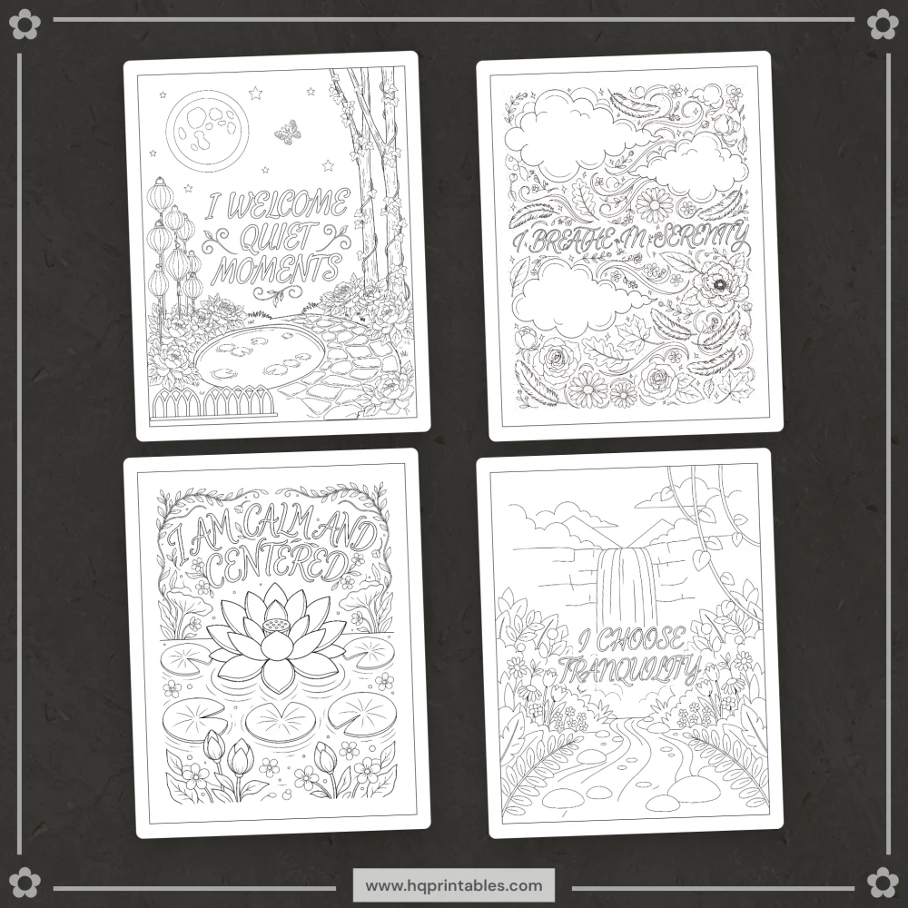 Printable adult affirmation coloring book featuring daily positive mental wellness and self care pages