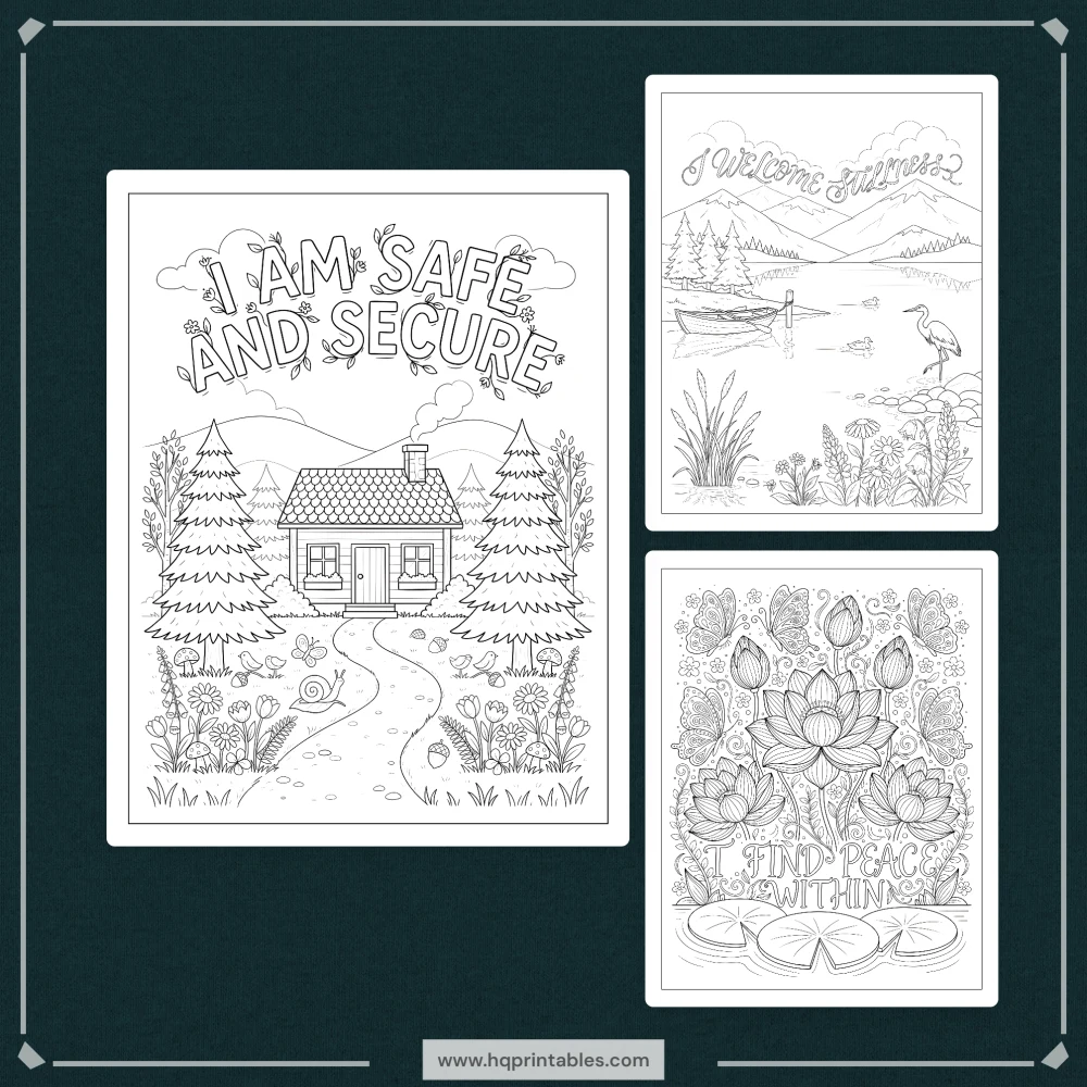 Printable adult affirmation coloring book featuring daily positive mental wellness and self care pages