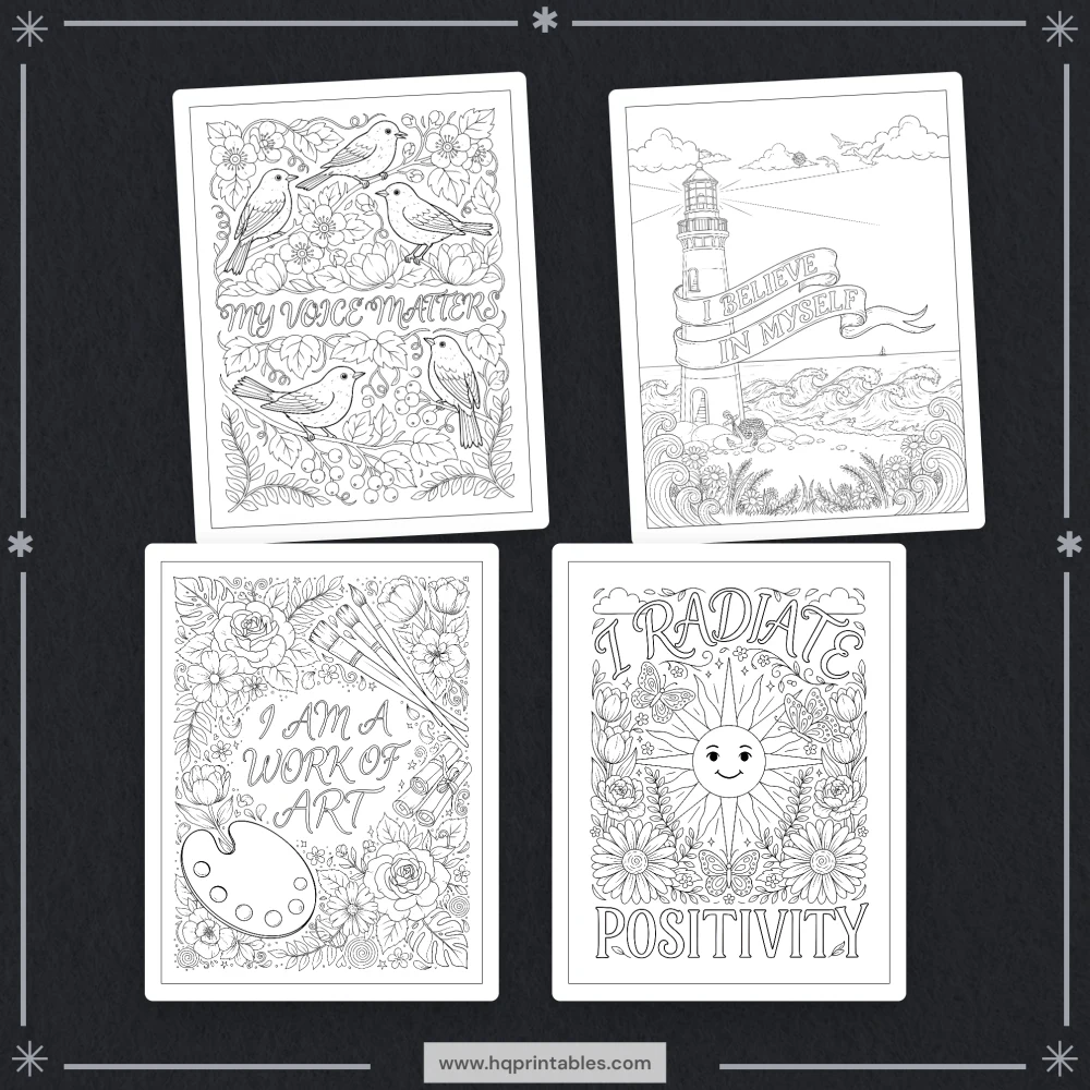 Printable adult affirmation coloring book featuring daily positive mental wellness and self care pages