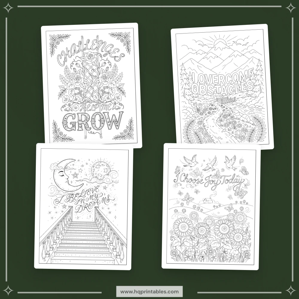 Printable adult affirmation coloring book featuring daily positive mental wellness and self care pages