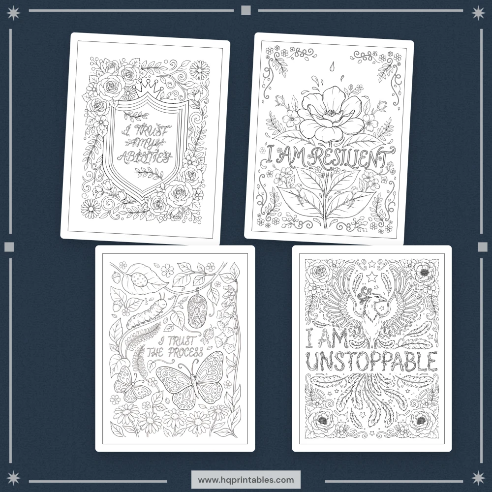 Printable adult affirmation coloring book featuring daily positive mental wellness and self care pages