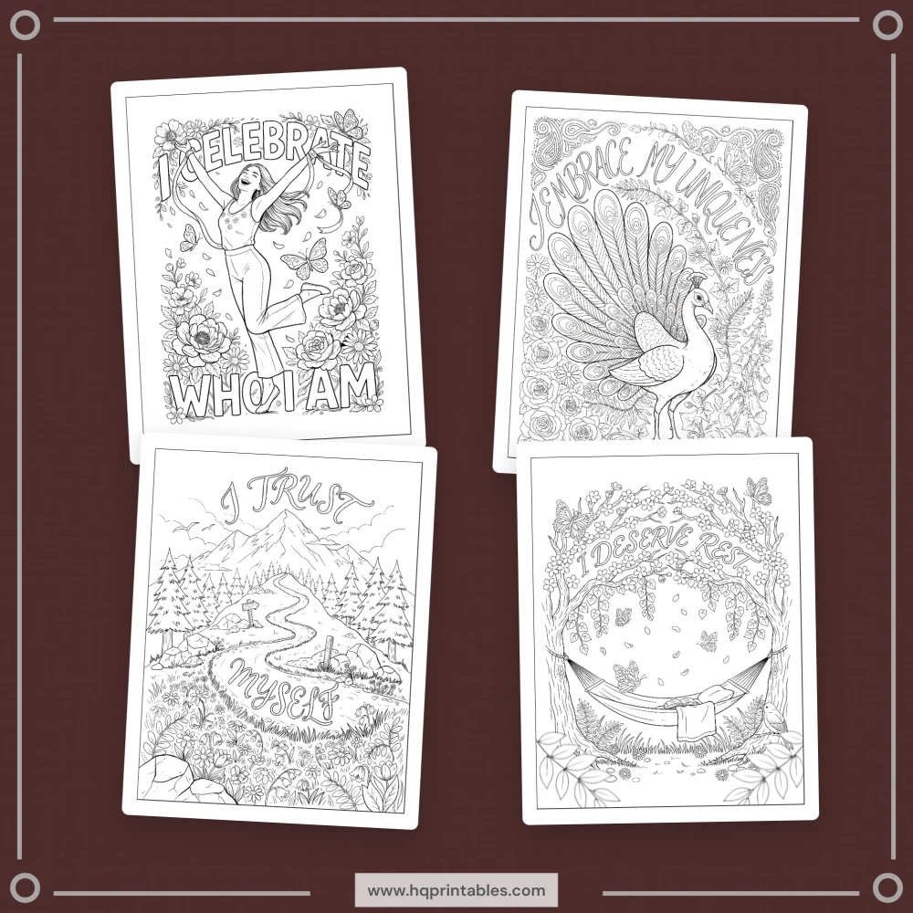 Printable adult affirmation coloring book featuring daily positive mental wellness and self care pages