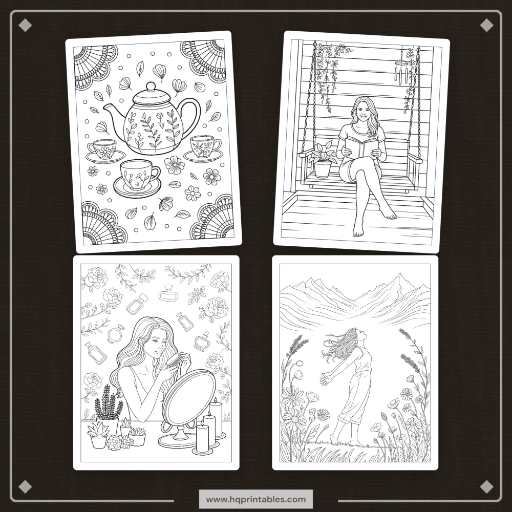 Printable burnout coloring book for tired moms featuring recovery self care and mental wellness pages