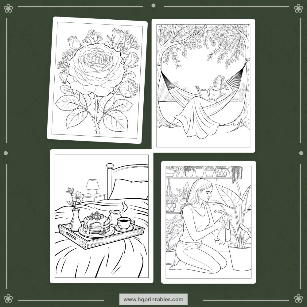 Printable depression coloring book for adults featuring gentle mental health and mindful self care pages