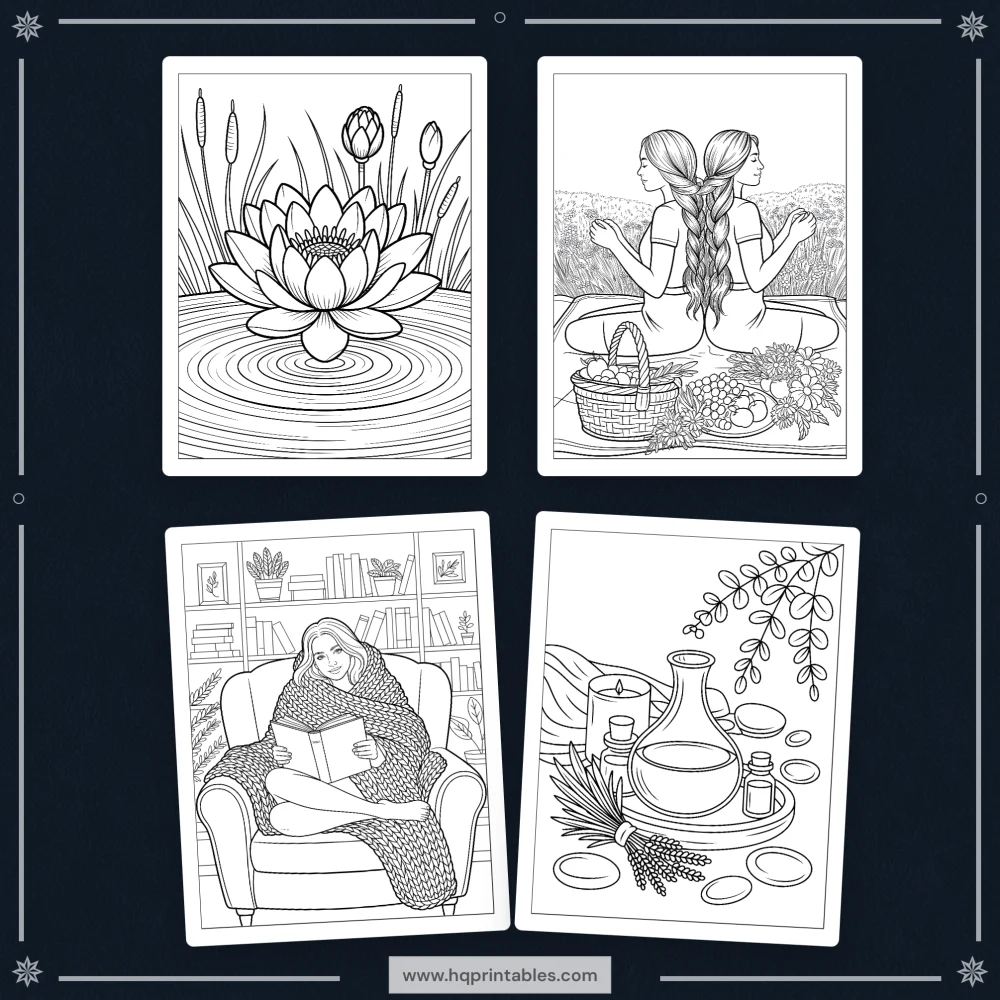 Printable depression coloring book for adults featuring gentle mental health and mindful self care pages