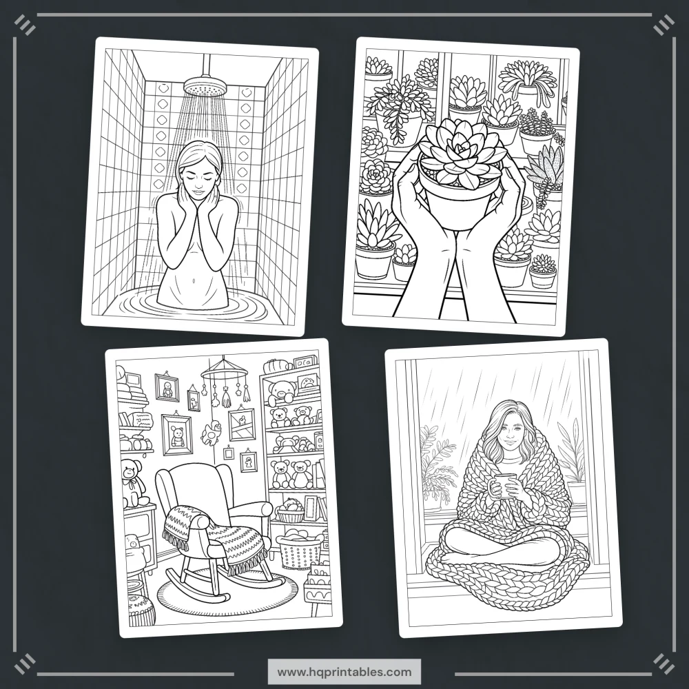 Printable emotional regulation coloring book for adults featuring mental health and mindfulness pages