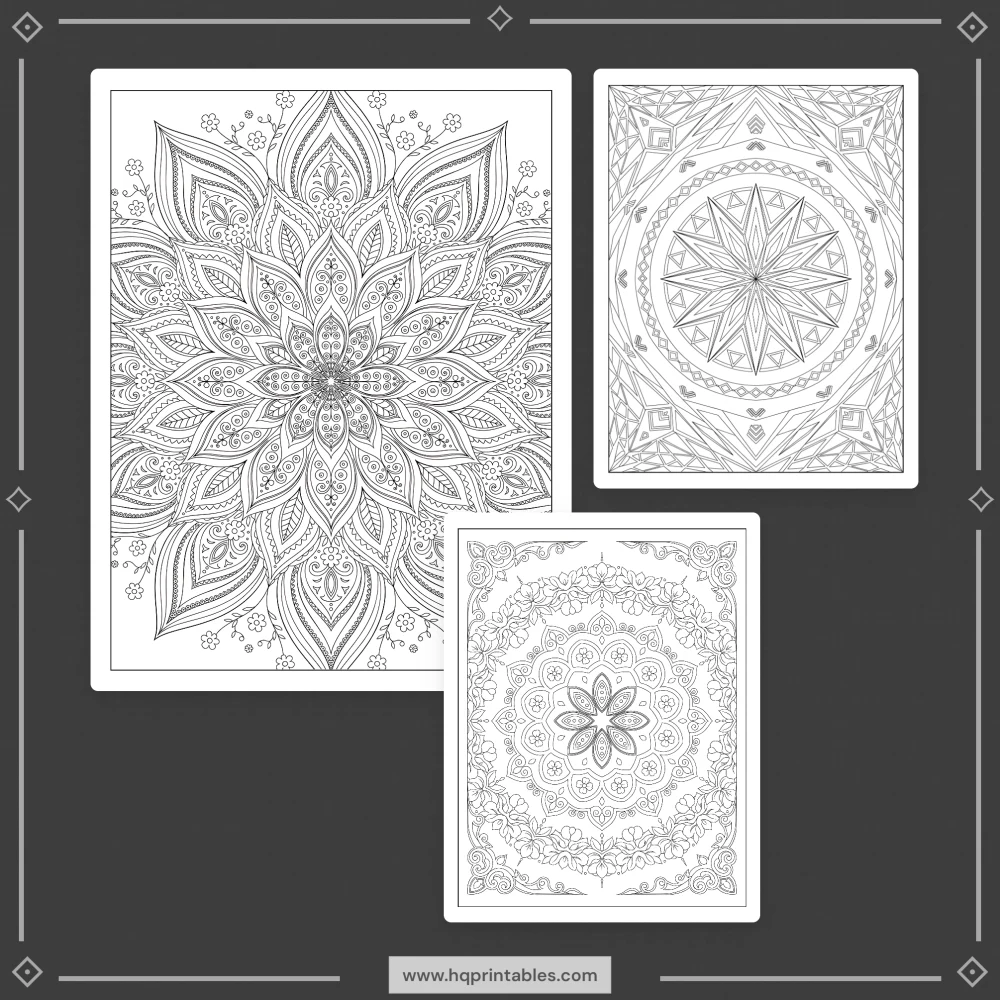 Printable stress relief coloring book for adults featuring calming mandala patterns and mental wellness pages