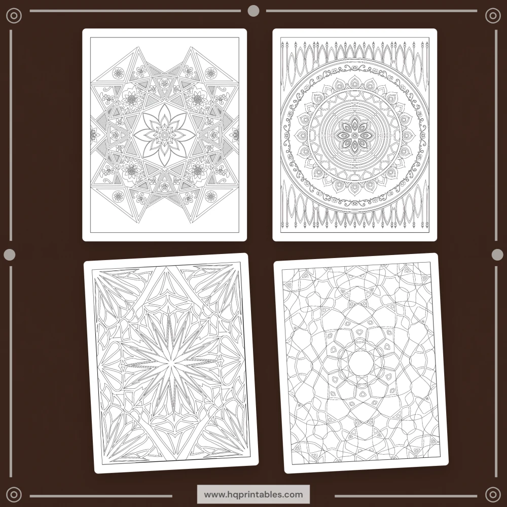 Printable stress relief coloring book for adults featuring calming mandala patterns and mental wellness pages