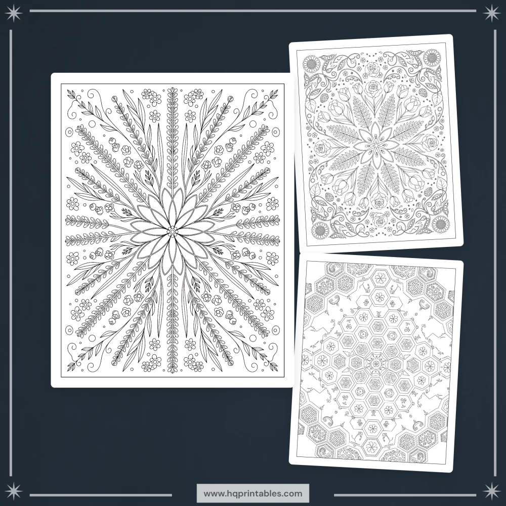 Printable stress relief coloring book for adults featuring calming mandala patterns and mental wellness pages