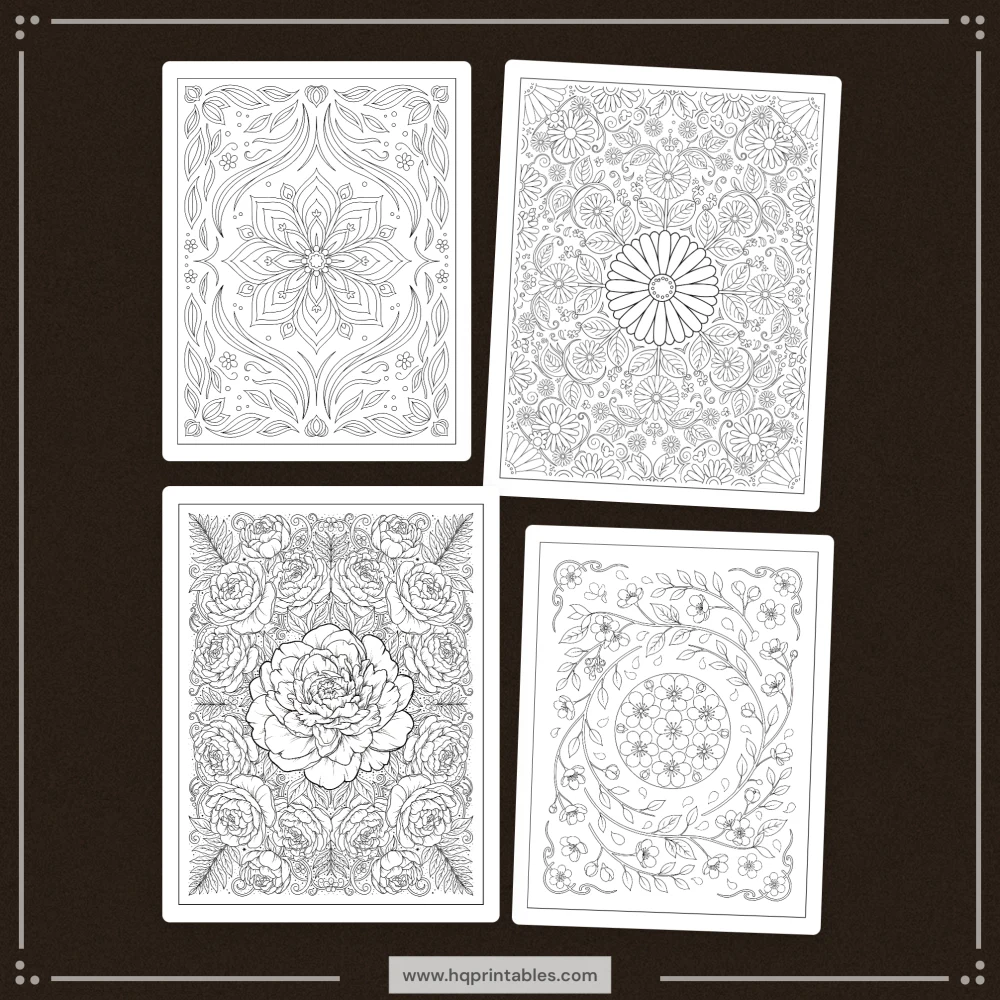 Printable stress relief coloring book for adults featuring calming mandala patterns and mental wellness pages
